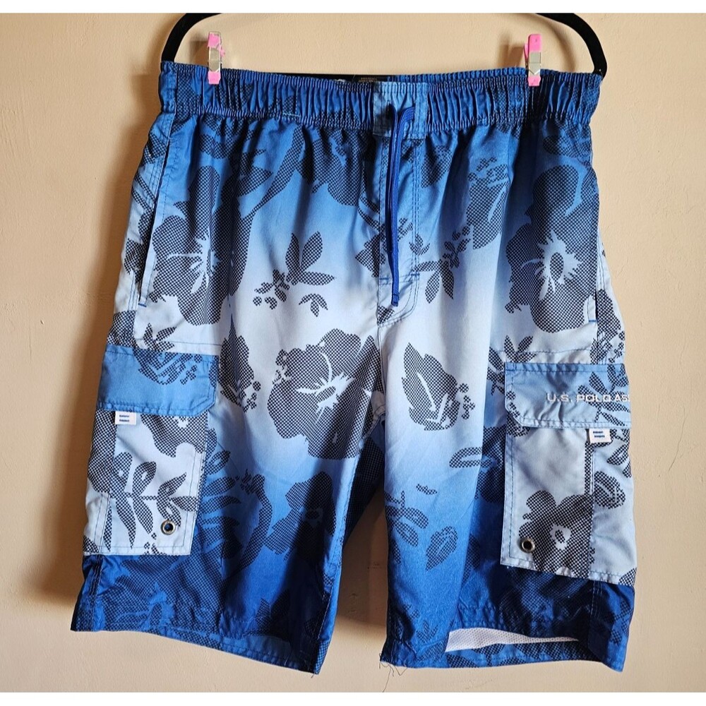 US Polo Assn. Mens Swim Trunks White Blue Size L Elastic Waist w/Tie